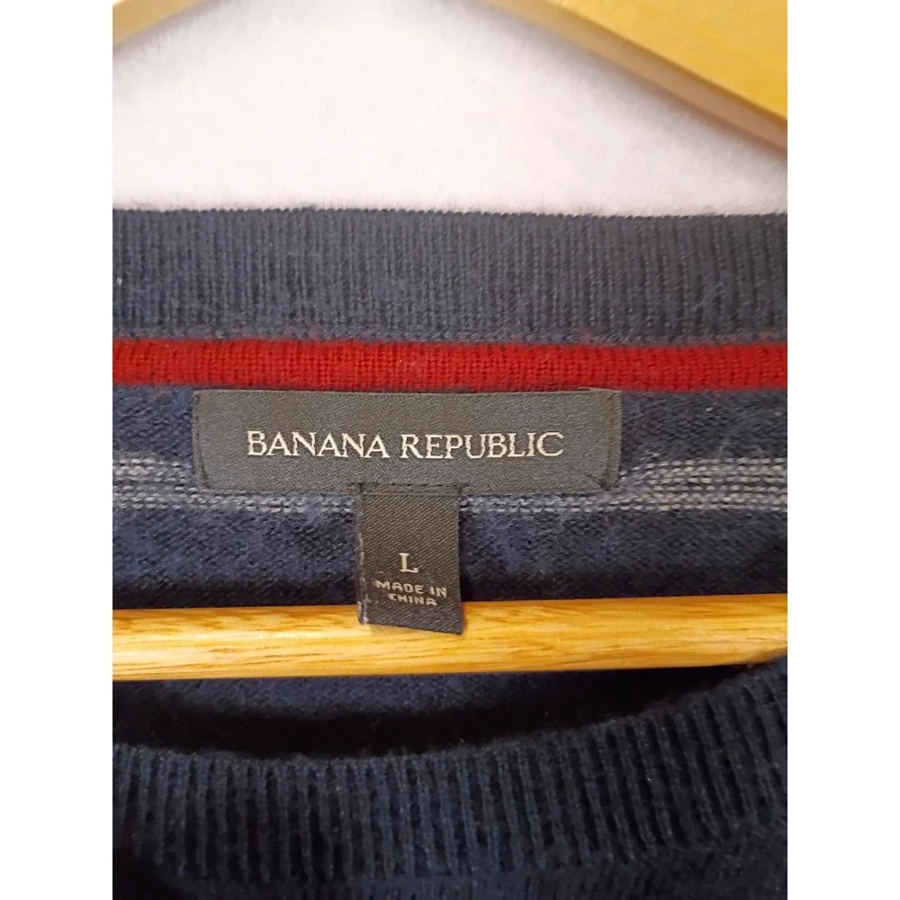 Classic Preppy Banana Republic Mens Large Navy Blue Striped Merino Wool Sweater